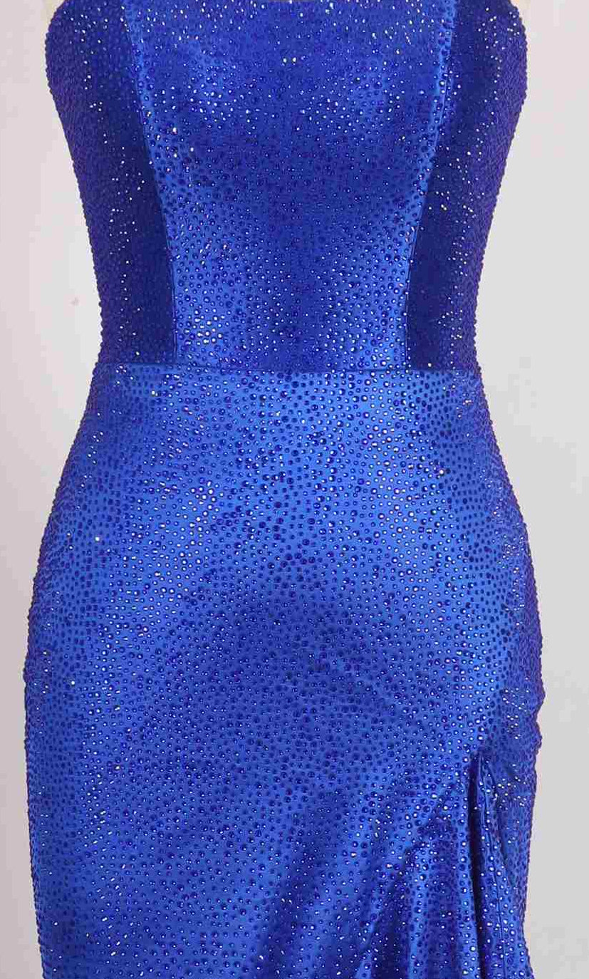 A close-up of the PromGirl Exclusive 250215 long prom dress, a sleeveless royal blue gown with sparkling rhinestones and an elegant lace-up back.